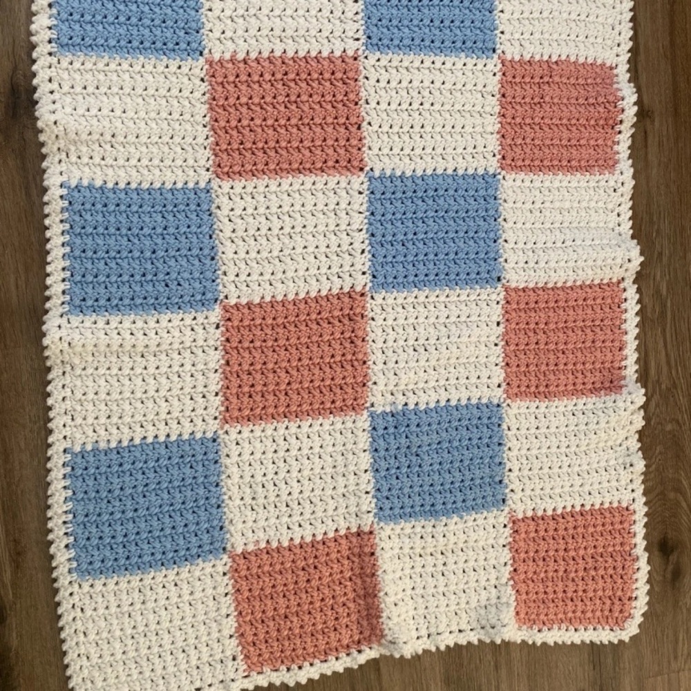 Handmade Cream, Blue & Pink Crochet Checkered Throw
